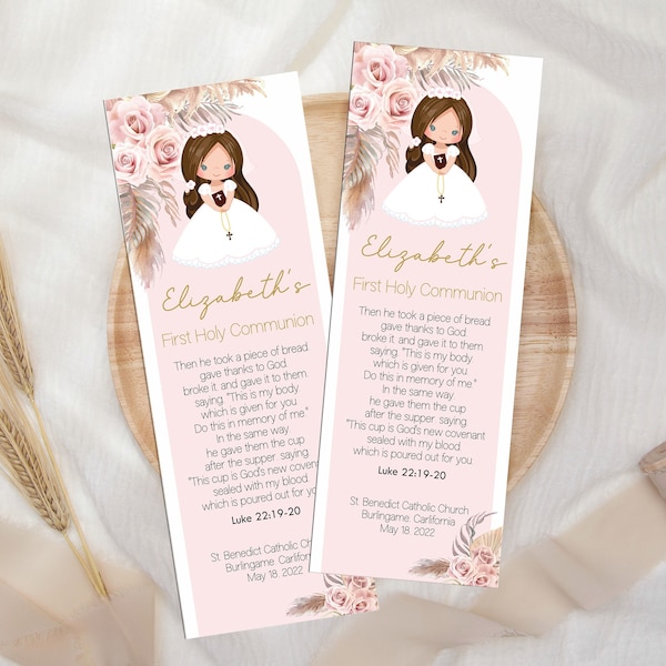 Boho First Communion Bookmark Favors - Girl  Communion Favors for Guests, Boho Arch Floral Pink, Printable Bookmark, Editable Template FC15