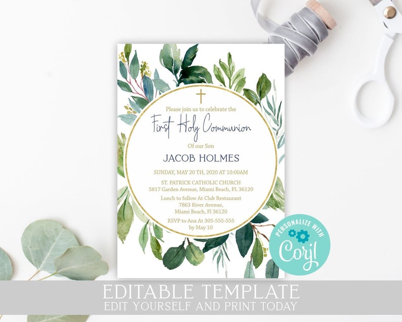 May include: A green and gold first communion invitation with a watercolor floral design. The invitation includes the text "First Holy Communion" and "Jacob Holmes".
