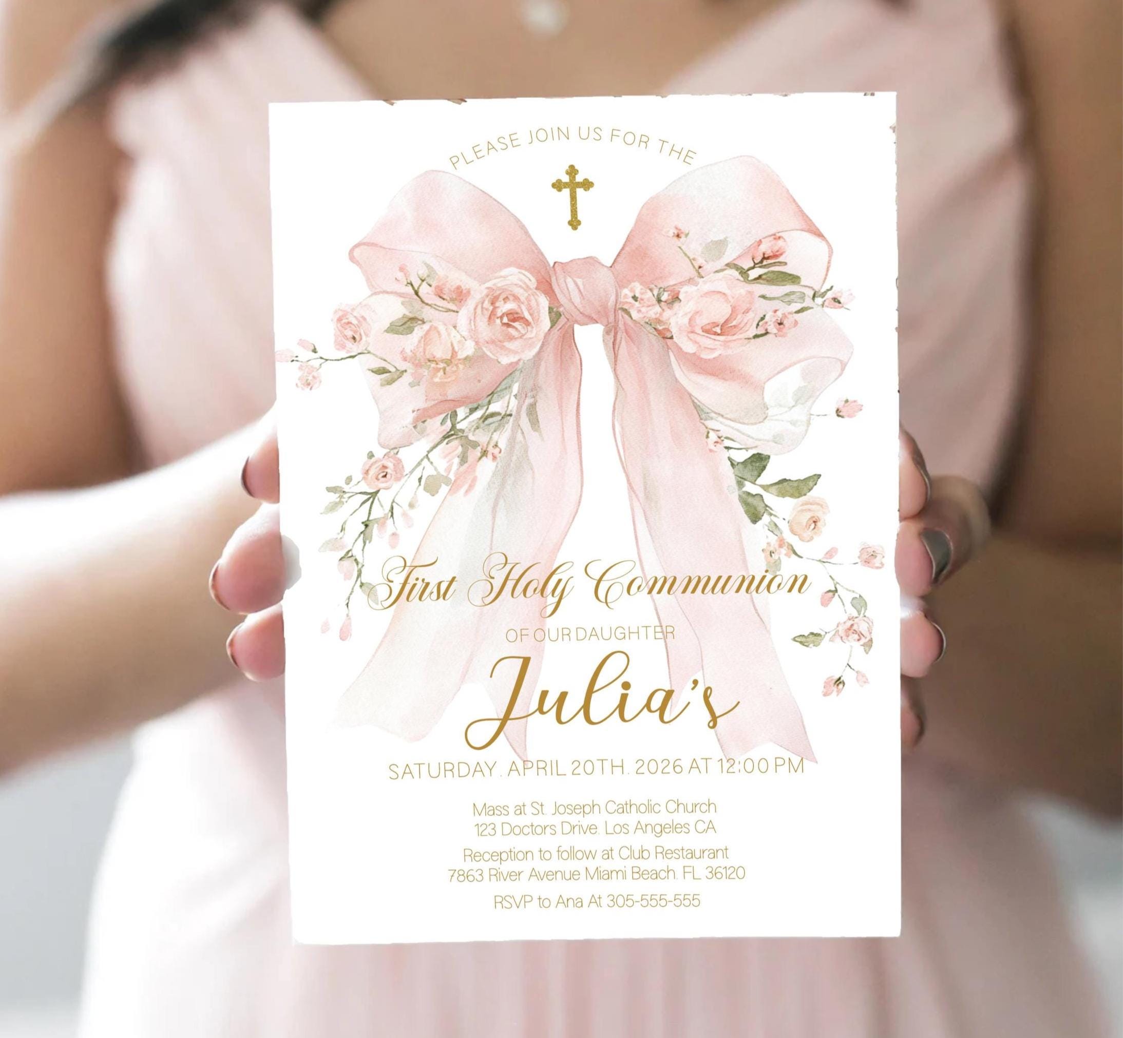 Pink Bow First Holy Communion Invitation Template | Coquette Floral ...