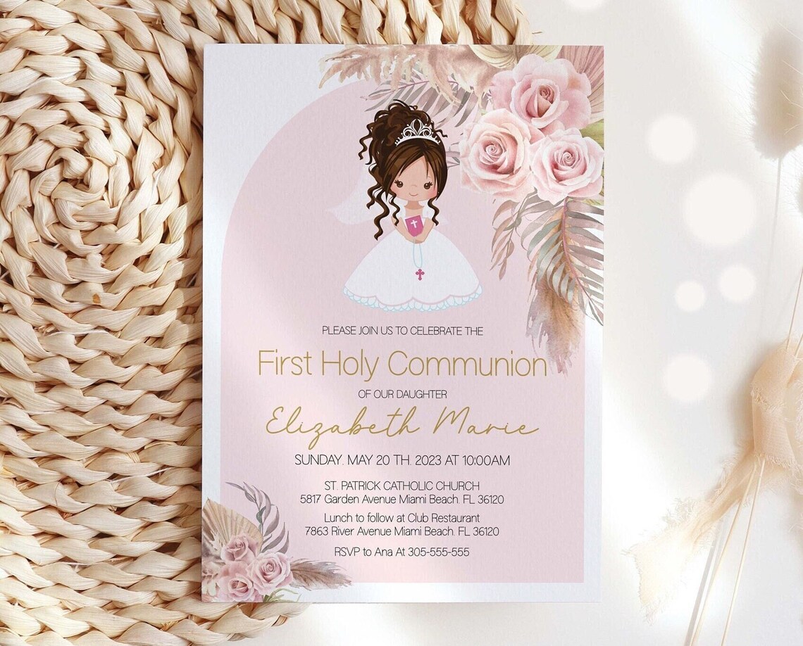 Girl First Communion Invitation Editable Template, Floral Boho Pampas ...
