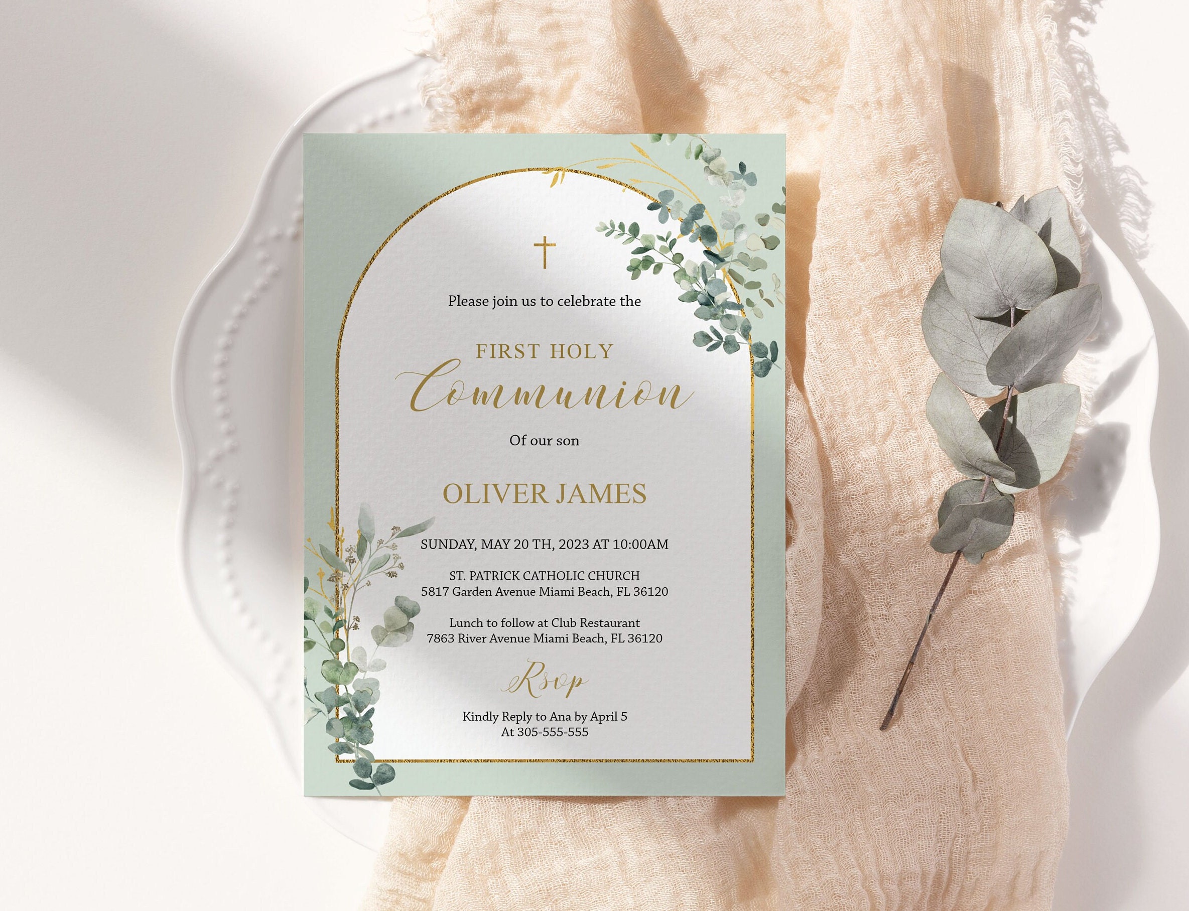 Communion Mint Printable First Holy Communion Invitation Boy - Eucalyptus & Gold Boho ...