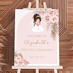 Girl First communion welcome sign, 1st communion poster, Boho Communion Decoration, Printable Sign, Floral Pink and Gold, Editable, FC15 image 1