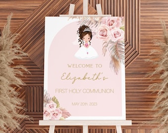 Girl First communion welcome sign, 1st communion poster, Boho Communion Decoration, Printable Sign, Floral Pink and Gold, Editable, FC15