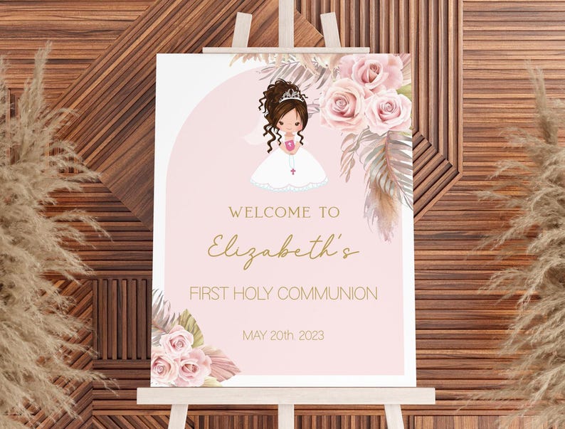 Girl First communion welcome sign, 1st communion poster, Boho Communion Decoration, Printable Sign, Floral Pink and Gold, Editable, FC15 image 1
