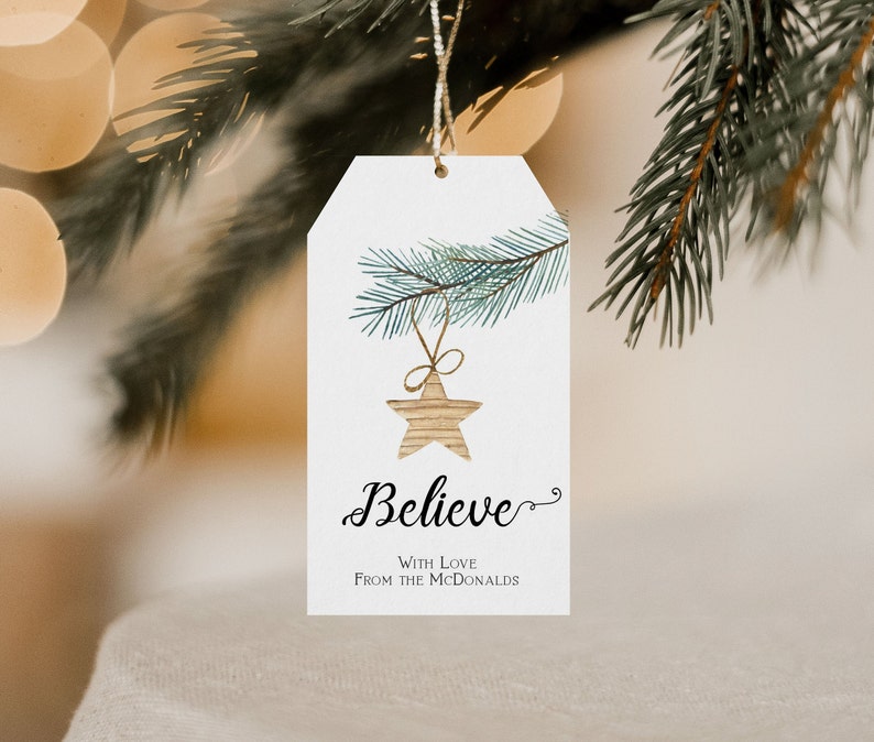 May include: A white gift tag with a watercolor illustration of a pine branch with a star ornament hanging from it. The text "Believe" is written in cursive with the words "With Love From the McDonalds" below.