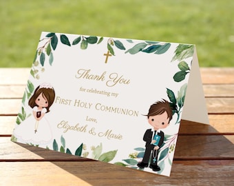 Thank You Card First Holy Communion, Boy and Girl First Holy Communion, Printable Thank You card, Greenery Thank You card, FC04