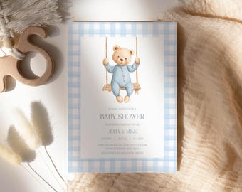 Teddy Bear Baby Shower Invitation Template | Blue Gingham Bear Baby Shower | Baby Shower Invitation Boy | Editable DIGITAL DOWNLOAD