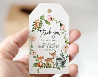 May include: Thank you tag with a floral wreath, a fox, a deer, and a raccoon. The text reads "Thank you for showering! Melissa's Baby Shower March 20, 2023".