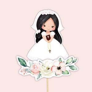 CENTERPIECES Gil First Holy Communion Printable, First Holy Communion Cake Topper, First Communion decor, Black Hair Instant download, FC13