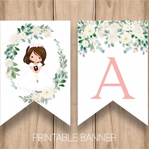 Banner Primera Comunión, Decoraciones Primera Comunión Niña, Banner imprimible decoración Comunión, Flores blancas, Vegetación, Personalizado