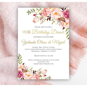 90th Birthday Invitation, 90th Birthday Dinner, Adult Birthday, Printable invitation, Customized invitation, Floral watercolor