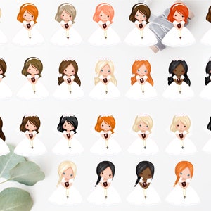 May include: Set of 24 digital illustrations of girls in white dresses and veils holding a book. The girls have different hair colors, skin tones, and hair styles.