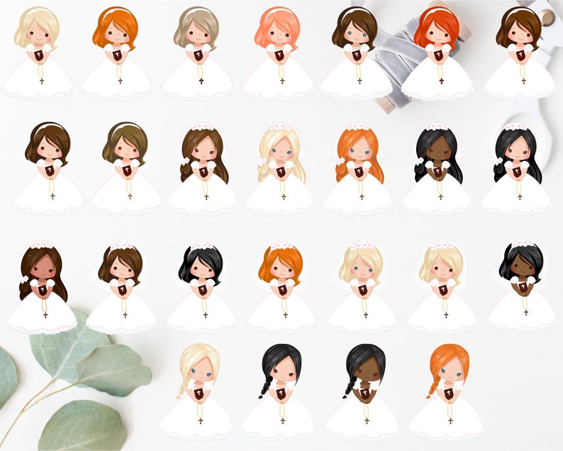 May include: Set of 24 digital illustrations of girls in white dresses and veils holding a book. The girls have different hair colors, skin tones, and hair styles.