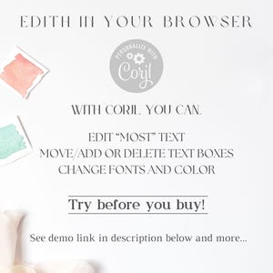 May include: A white background with text that reads "Edit in your browser. Personalize with Corjl. With Corjl you can: Edit "most" text, move/add or delete text boxes, change fonts and color. Try before you buy! See demo link in description below and more..."