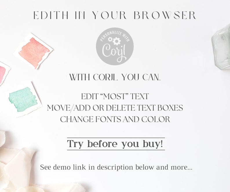 May include: A white background with text that reads "Edit in your browser. Personalize with Corjl. With Corjl you can: Edit "most" text, move/add or delete text boxes, change fonts and color. Try before you buy! See demo link in description below and more..."
