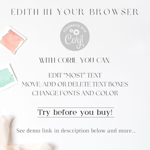 May include: White background with text: "EDITH IN YOUR BROWSER", "PERSONALIZE WITH Corjl", "WITH CORJL YOU CAN", "EDIT MOST TEXT", "MOVE/ADD OR DELETE TEXT BOXES", "CHANGE FONTS AND COLOUR", "Try before you buy!" and "See demo link in description below and more..."