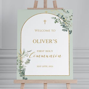 Modello di cartello di benvenuto per la prima comunione, poster per la prima comunione, decorazione per la prima comunione dei bambini, eucalipto Mint Boho Arch, cartello stampabile
