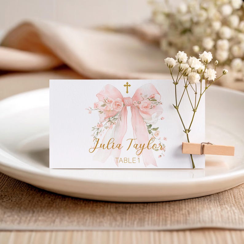 Pink Bow First Holy Communion Invitation Template | Coquette Floral ...