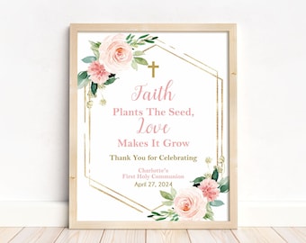 Glaube pflanzt die Samenliebe lässt es wachsen Erstkommunionschildvorlage, Mädchen Kommunionschild Tischdekoration, druckbar, bearbeitbar FC05