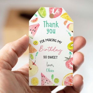 Modello di tag stampabile di compleanno, tag di favore di frutta, tag di ringraziamento di frutta estiva, bomboniere di frutta, anguria, limone, modello modificabile