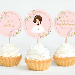 Girl First Communion Cupcake Toppers, Communion Girl, Printable Cupcake Toppers, First Holy Communion, Personalized, FC01