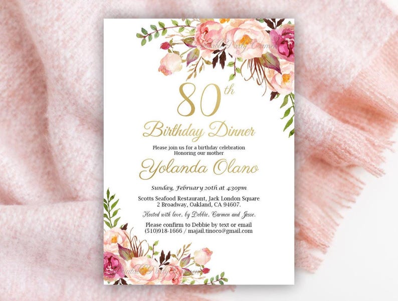 80th Birthday Invitation, 80th Birthday Dinner, Adult Birthday Card, Printable Invitation, Editable Template, Floral Pink Watercolor image 1