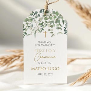 Favor tag eerste communie, groene eucalyptus aquarel, cadeaulabel jongen of meisje communie, afdrukbare tag, bewerkbare sjabloon