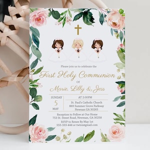 Erstkommunion Einladung für Mädchen Geschwister, Zwillinge oder Drillinge | Greenery Blätter Design und rosa Rosen, bearbeitbare Vorlage FC04