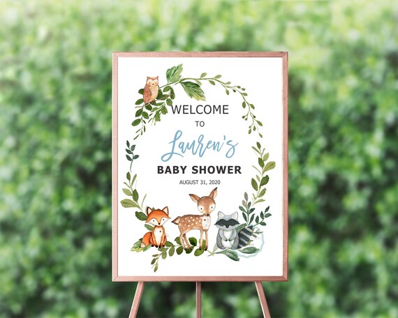 Personalised Woodland Welcome Sign Baby Shower Party Fox Animals Forest 