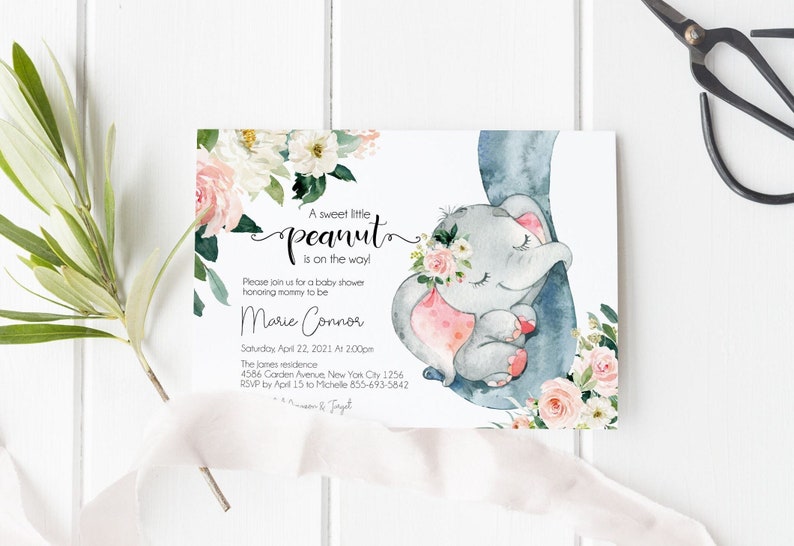 Inbjudan till babyshower med elefant, flicka, en liten jordnöt är på väg, redigerbar mall, nyfödd elefantunge, utskrivbar inbjudan bild 1