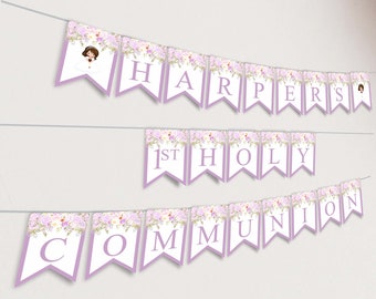 Banner Girl First Holy Communion, Communion decorations, Lilac Floral, Communion Decoration Printable banner, Digital