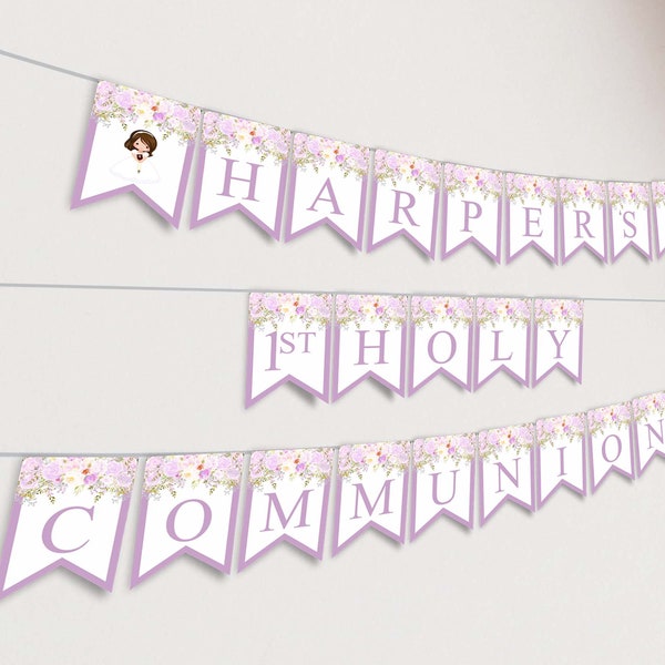 Banner Girl First Holy Communion, Communion decorations, Lilac Floral, Communion Decoration Printable banner, Digital