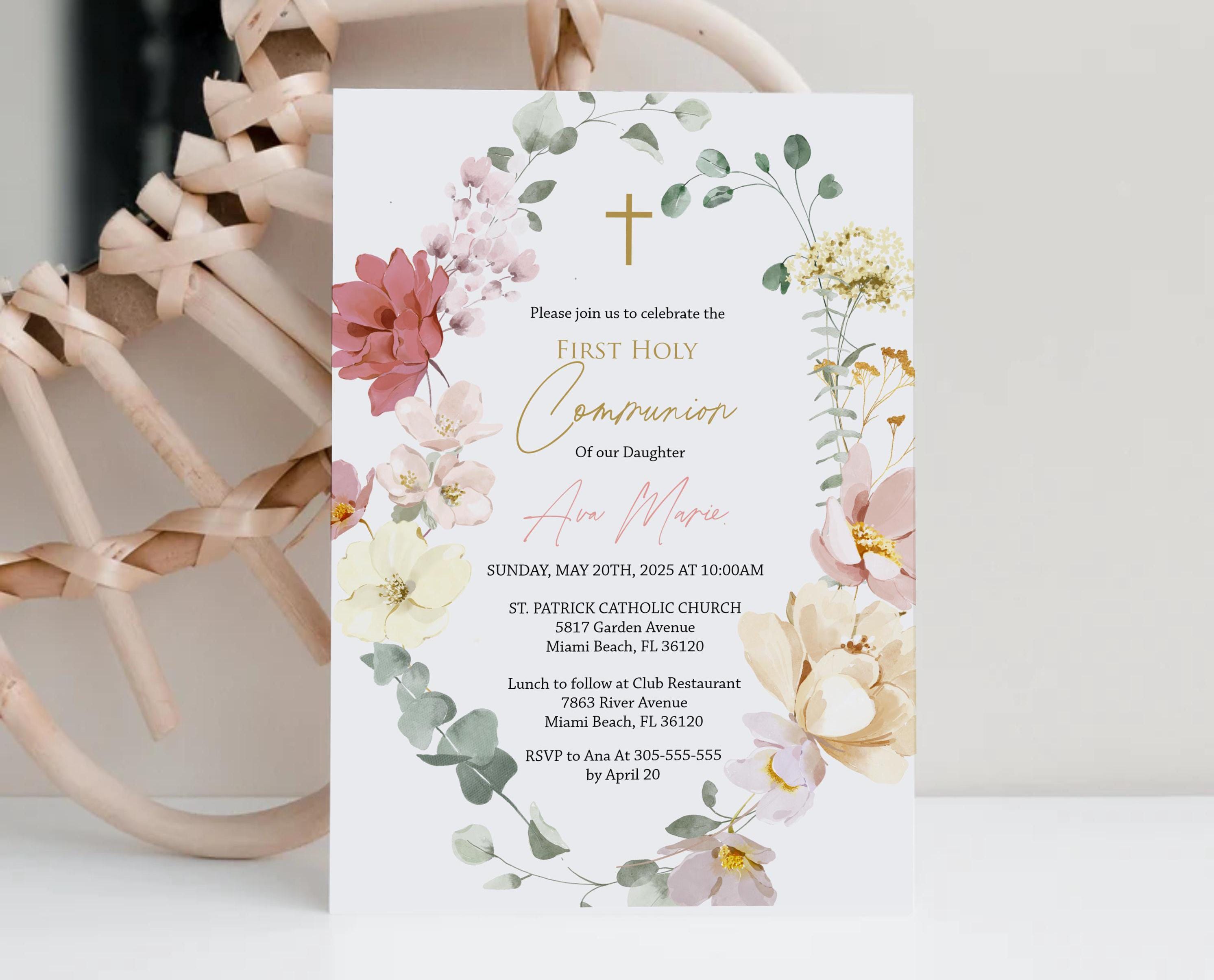 Girl First Holy Communion Invitation Template - Delicate Floral Wreath ...