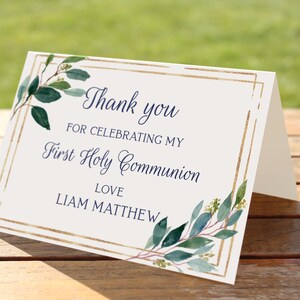 Tarjeta de agradecimiento de primera comunión, Primera Comunión de niño, Tarjeta de agradecimiento imprimible, Tarjeta de agradecimiento con vegetación, Tarjeta personalizada