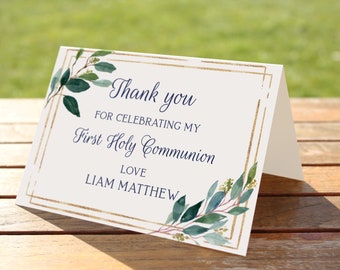 Carte de remerciement de première communion, première communion garçon, carte de remerciement imprimable, carte de remerciement verdure, carte personnalisée