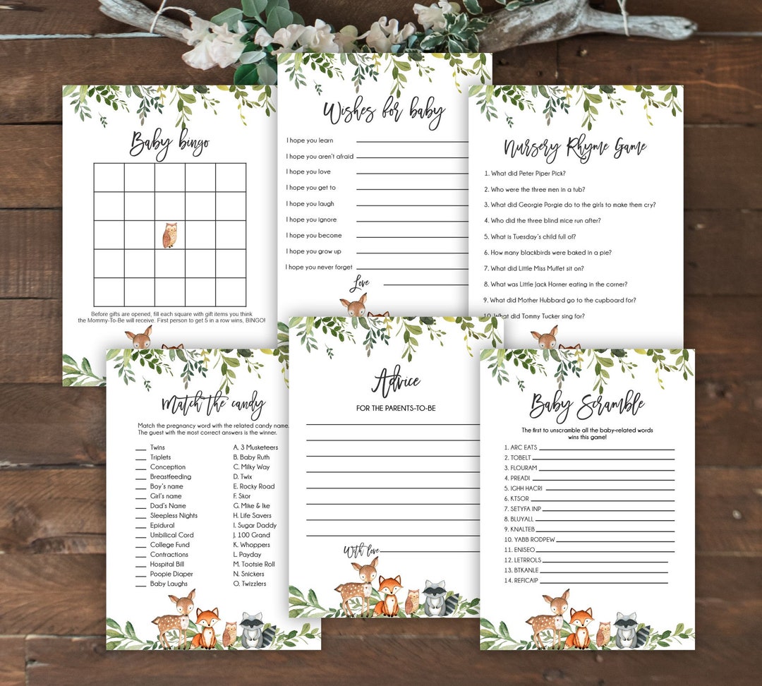 Woodland Baby Shower Games, Printable Baby Shower Games, Forest Baby