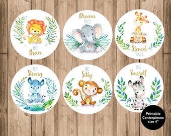 Jungle printable centerpieces, boy baby shower decor, instant download, jungle animals, size 4"