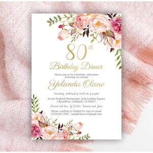 Invito per l'80° compleanno, cena per l'80° compleanno, biglietto di auguri per adulti, invito stampabile, modello modificabile, acquerello rosa floreale