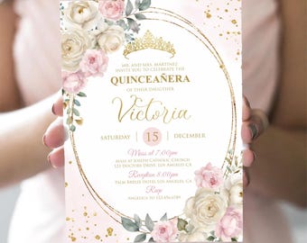 Floral Blush Pink & Ivory Quinceañera Invitation | Elegant Roses Party Invite for Mis Quince Años 15th Birthday, Editable Template 5x7