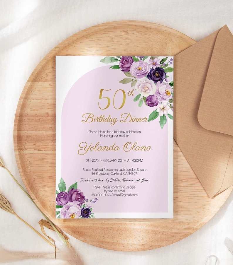 50th Birthday Printable Invitation for Women, 60th Birthday Dinner, Adult Birthday, Editable template, Purple Violets Flowers watercolor