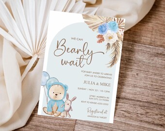 We can Bearly wait shower invitation, Teddy Bear Baby Shower Invitation, Boho baby shower, Printable, Editable template, BSTEDDYBLU