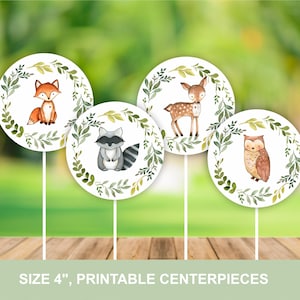 Woodland Baby Shower Centerpieces Printable Neutral Baby Shower Decorations with Animal Greenery Wreath Instant Download
