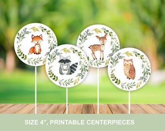 Woodland Baby Shower Centerpieces Printable Neutral Baby Shower Decorations with Animal Greenery Wreath Instant Download