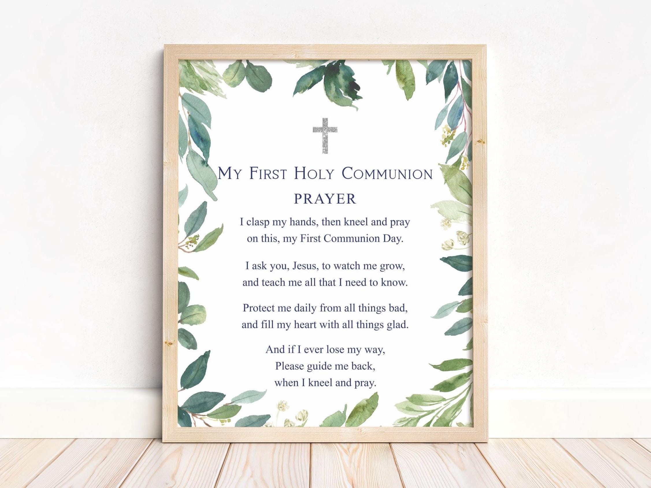 Navy Boy First Communion Prayer, Printable Communion Prayer, Communion Decoration, Greenery Watercolor, Green leaves, Instant Download, FC04