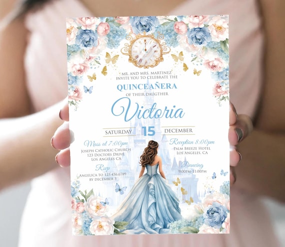 Cinderella Quinceaera Invitation Template | Editable Delicate Floral Pink  & Blue Princess Dress Design for 15th Birthday Party, Modern - Etsy