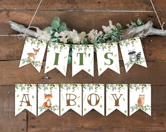 Banner mit Es ist ein Junge Wald Baby Shower, Waldtiere-Babyparty-Dekoration Junge Baby Shower, bedruckbares Banner, zum sofortigen Download