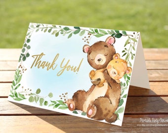 Woodland bear thank you card, woodland baby shower, baby bear, boy baby shower, instant download, super cute thank you card