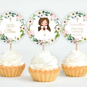 Cupcake Toppers for Girl First Holy Communion 1st Communion Girl Printable First Communion Cake Decoration Floral Wreath Editable FC13