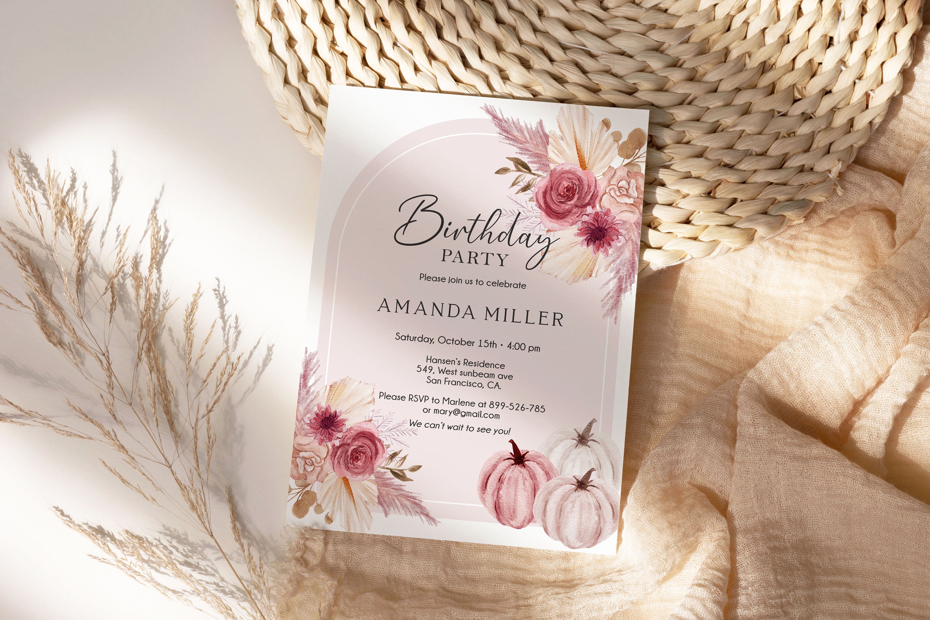 Woman Fall Birthday Invitation, Pink Autumn Floral Party Invite, Boho