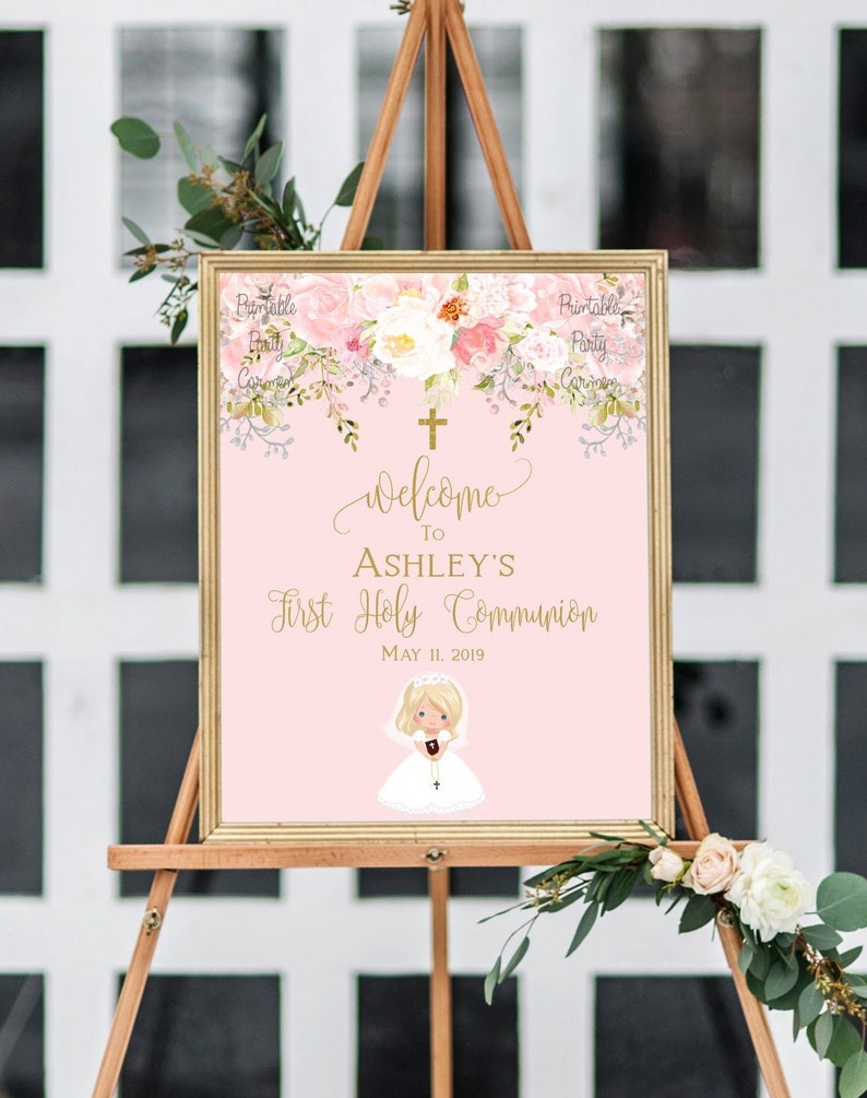 First communion welcome sign girl, 1st communion poster, communion decoration, printable sign, floral blush and gold, custom sign, FC01 zdjęcie 4